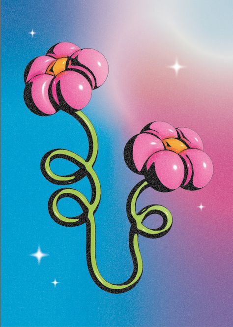 Pink illustrated flowers with looping green stems and white sparkles