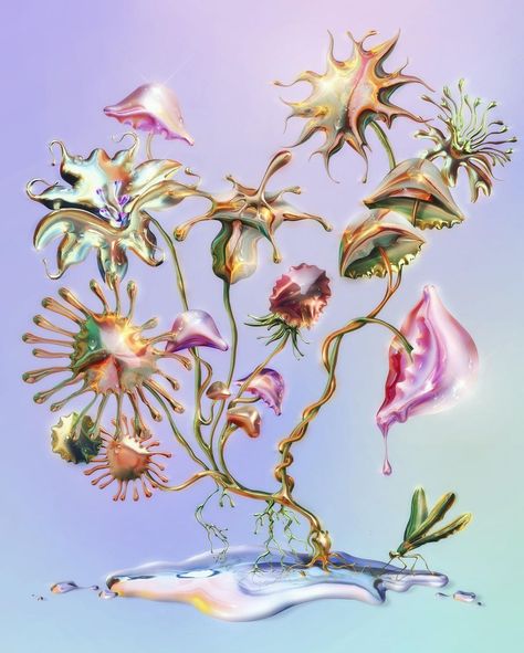An iridescent liquid-metal bouquet on a pastel background