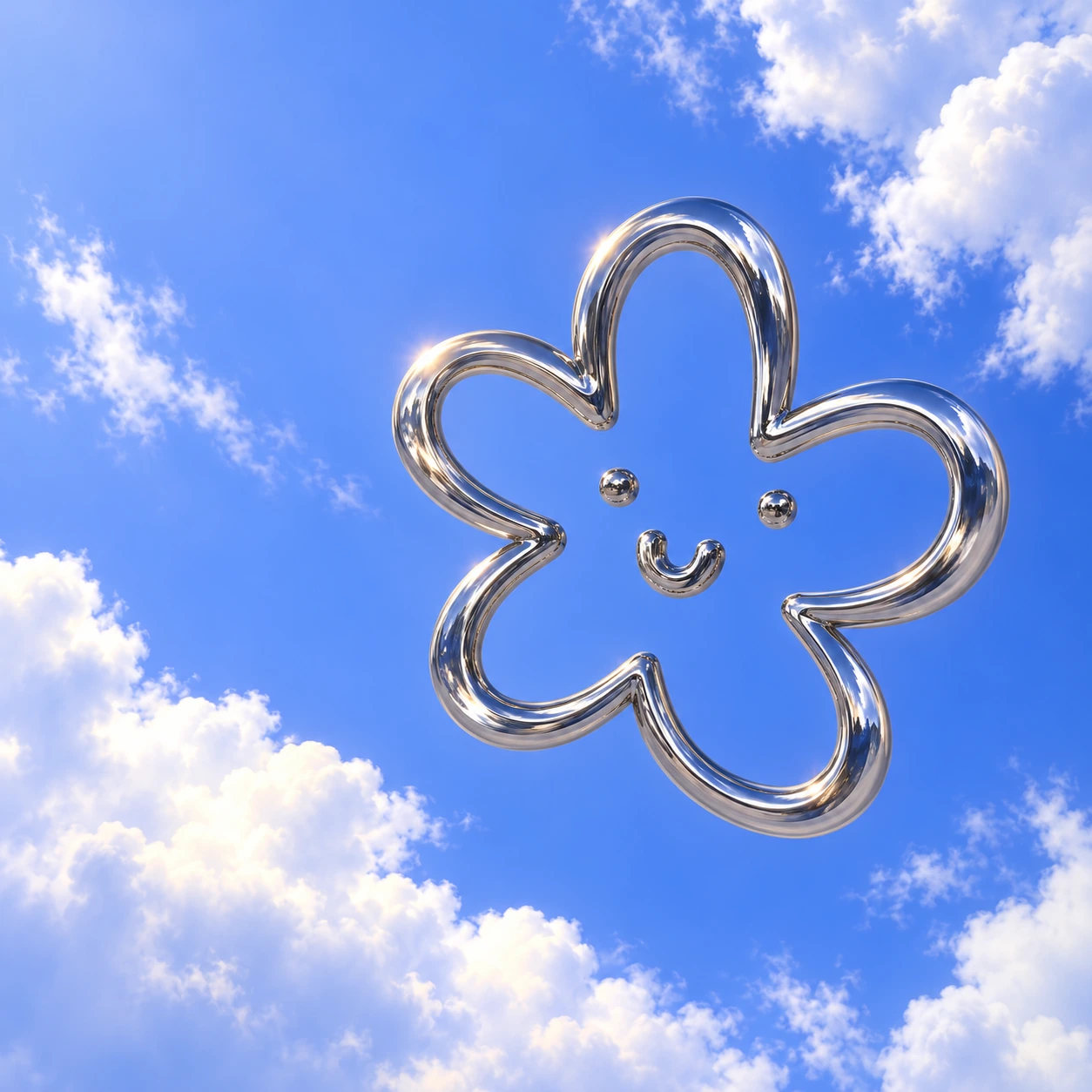 A smiling chrome flower floating through a bright blue sky framed by sunlit clouds