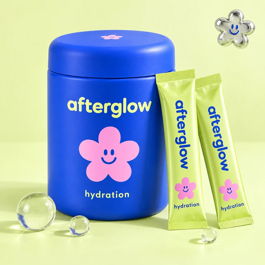 AI packaging concept: cobalt Afterglow hydration powder and colourful sachets