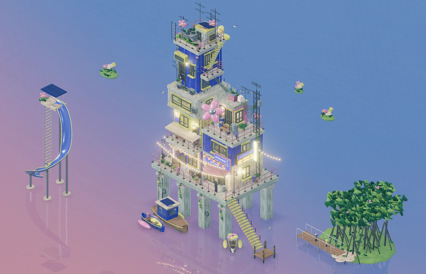 A lush Afterglow harbour at sunset: blue and lime buildings, rooftop gardens, smiling flower balloons, playful boats, a waterslide and mangroves