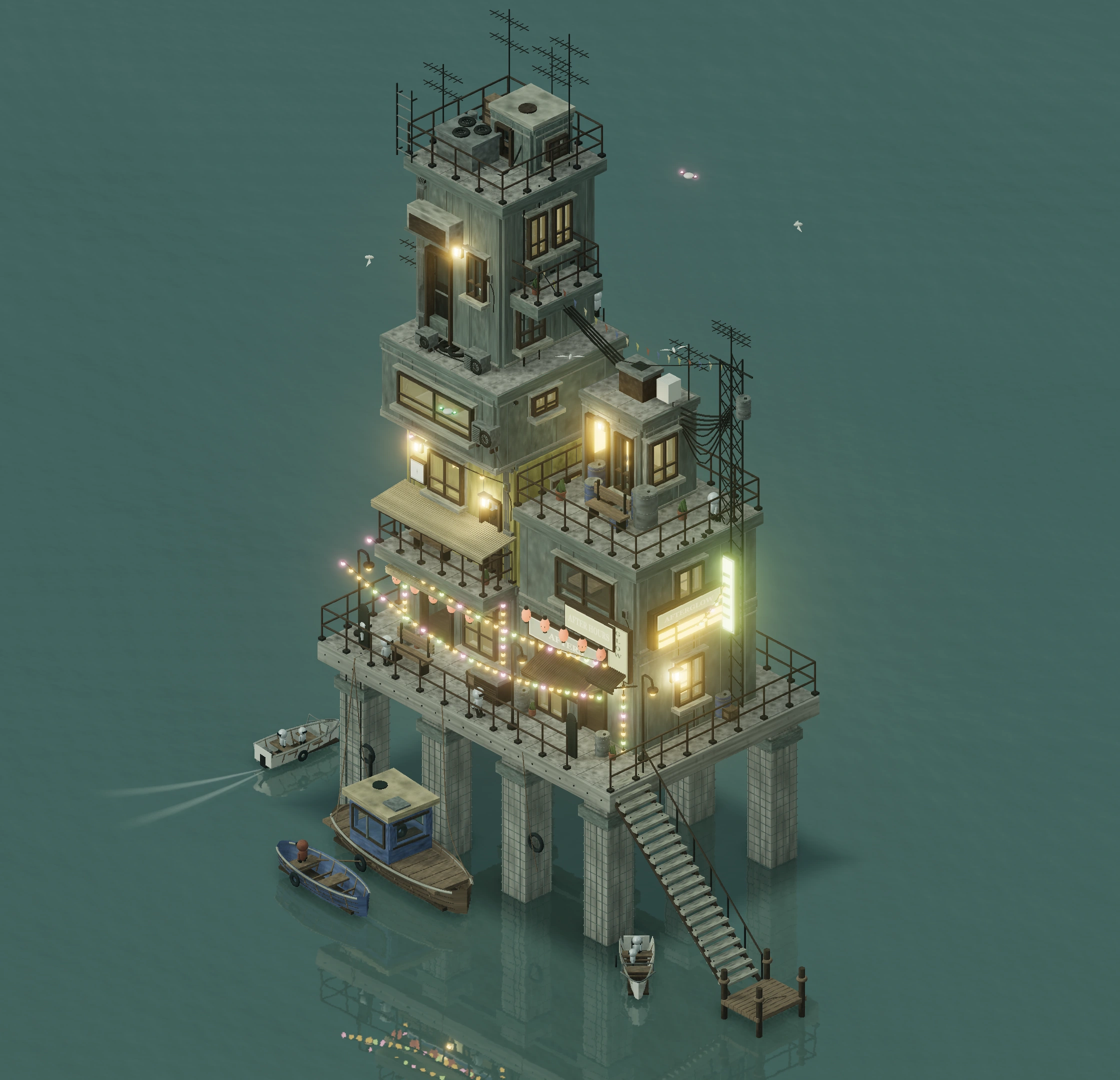 A detailed miniature harbour: weathered waterfront buildings, warm windows, rooftop terraces, little boats and a stair down to reflective water