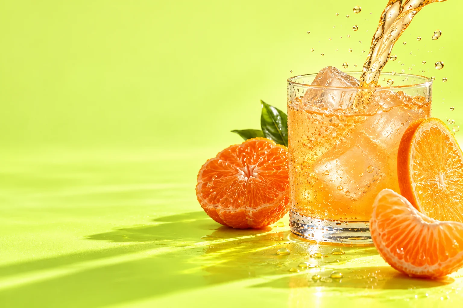 A fresh tangerine drink pouring over ice beside open citrus fruit