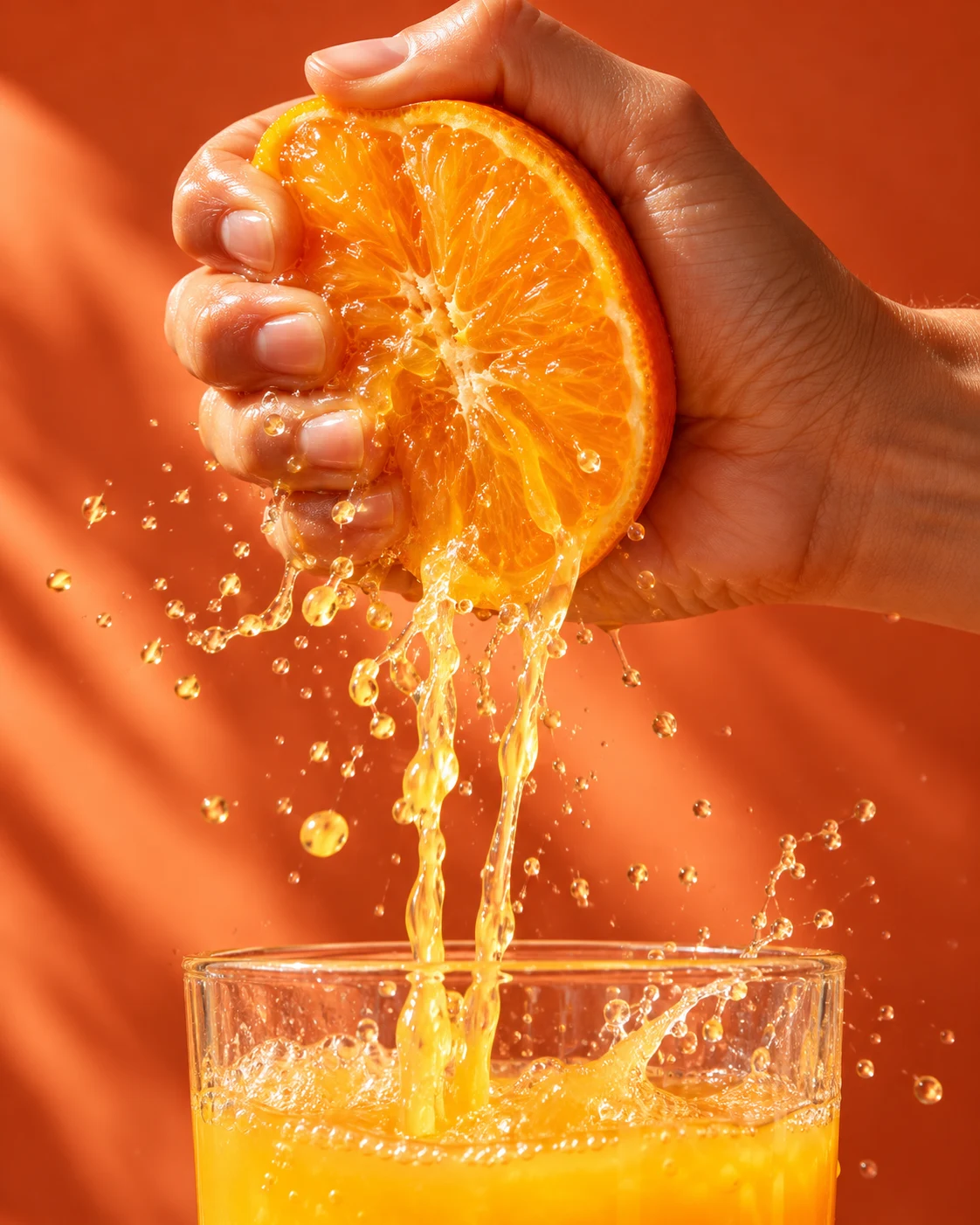 Fresh orange juice dripping from a hand-squeezed tangerine
